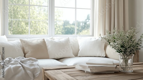 Rustic coffee table near white fabric sofa against window