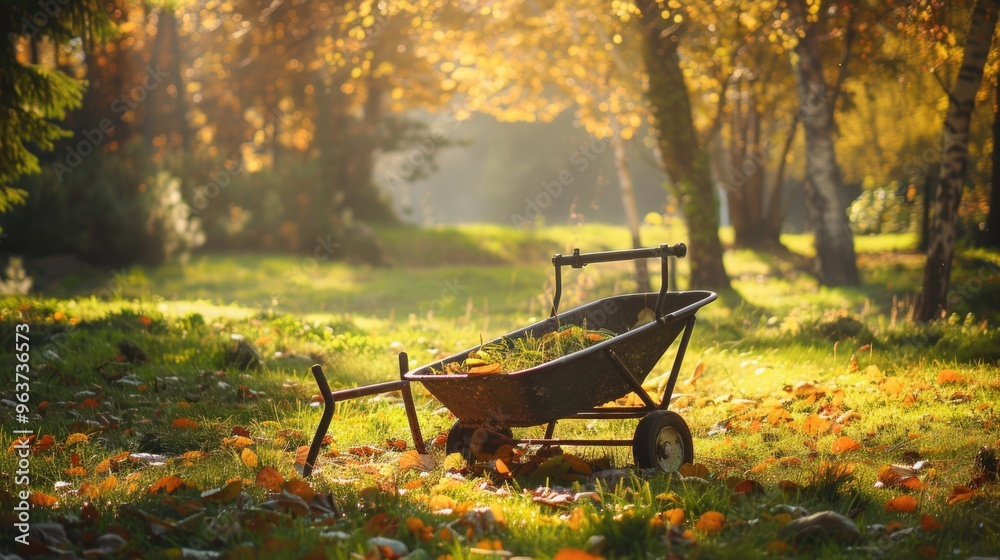 A wheelbarrow sits in the middle of a green field, waiting to be used A wheelbarrow sits in the middle of a green field, waiting to be used
