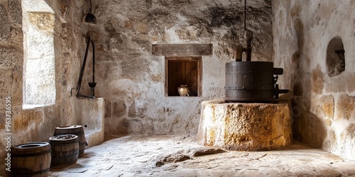 Traditional Stone Mill Interior with Olive Oil Press photo