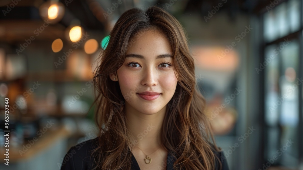 A woman with long brown hair and a necklace is smiling at the camera A woman with long brown hair and a necklace is smiling at the camera
