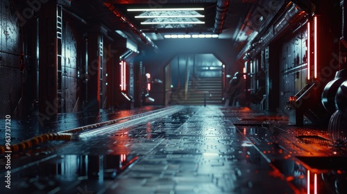 A dimly lit hallway with a wet floor and neon lights  suitable for use in scenes of mystery or suspense