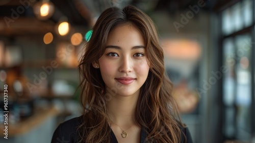 A woman with long brown hair and a necklace is smiling at the camera