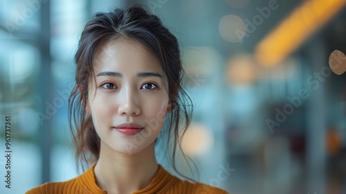 A woman with long hair and a yellow shirt is smiling