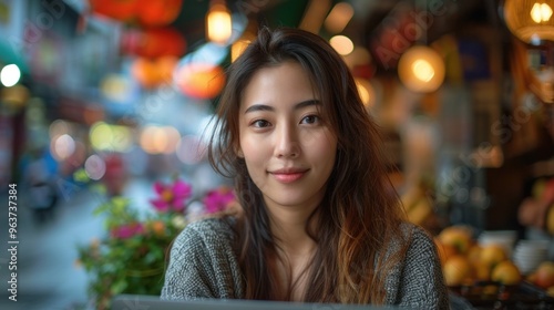 A woman with long brown hair is sitting at a table with a laptop