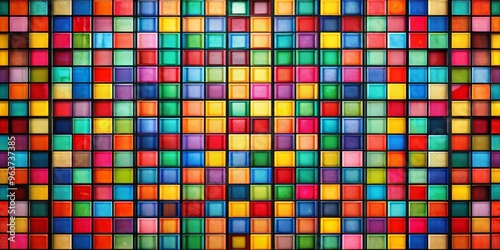 Geometric abstraction of a grid composed of differently sized and colored squares, with a bold contrasting color background to create a striking visual contrast