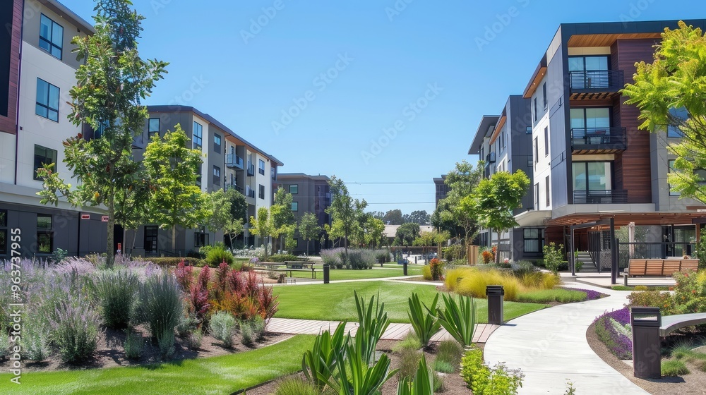 Fototapeta premium Lush Community Park Surrounded by Modern Apartment Buildings