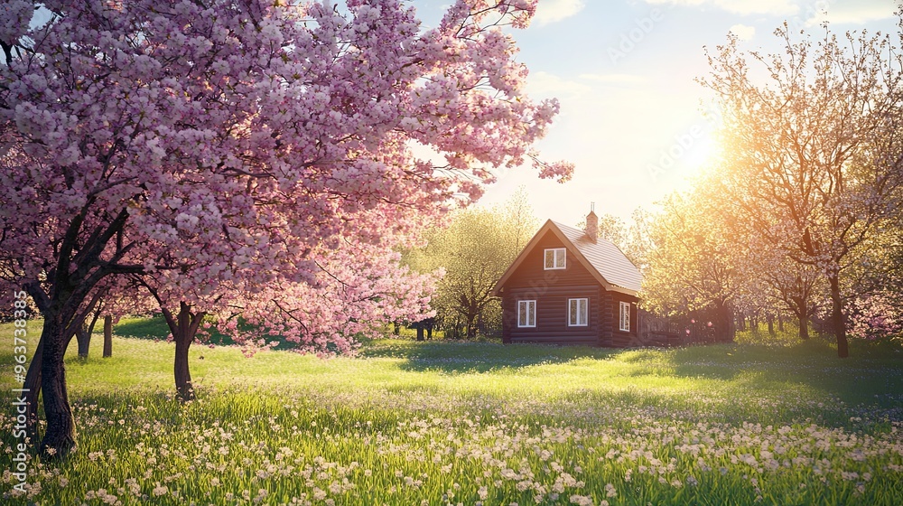 Fototapeta premium A serene spring landscape featuring blooming cherry blossoms and a sunlit cabin nestled amidst tranquil nature. 