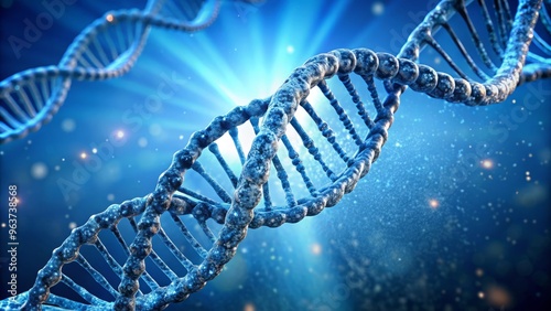 DNA double helix model showcasing the twisting pattern of nucleotides, illuminated against a soft, gradient blue background with detailed, textured illustration.