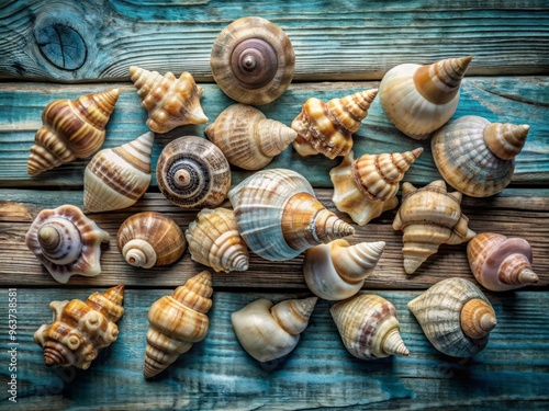 clusters of whelk shells in muted blues and whites on a weathered wooden plank backdrop with subtle grain texture to add a sense of rustic charm