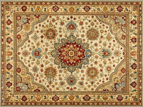 Intricate oriental rug with vibrant colors and detailed geometric patterns, set against a creamy white background with subtle texture