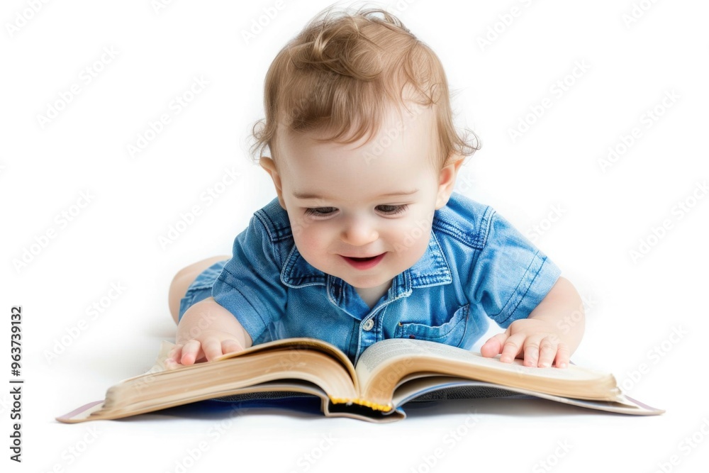 A baby is sitting on the floor, engrossed in a book A baby is sitting on the floor, engrossed in a book