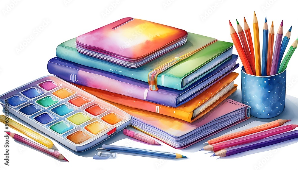 Classic School Essentials - watercolor set featuring classic school supplies, including a stack of colorful notebooks, pencils, watercolor palette, and paintbrush. Graphic art illustration isolated
