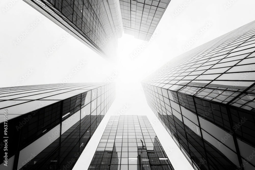 Fototapeta premium Black and white photo of city skyline with tall buildings