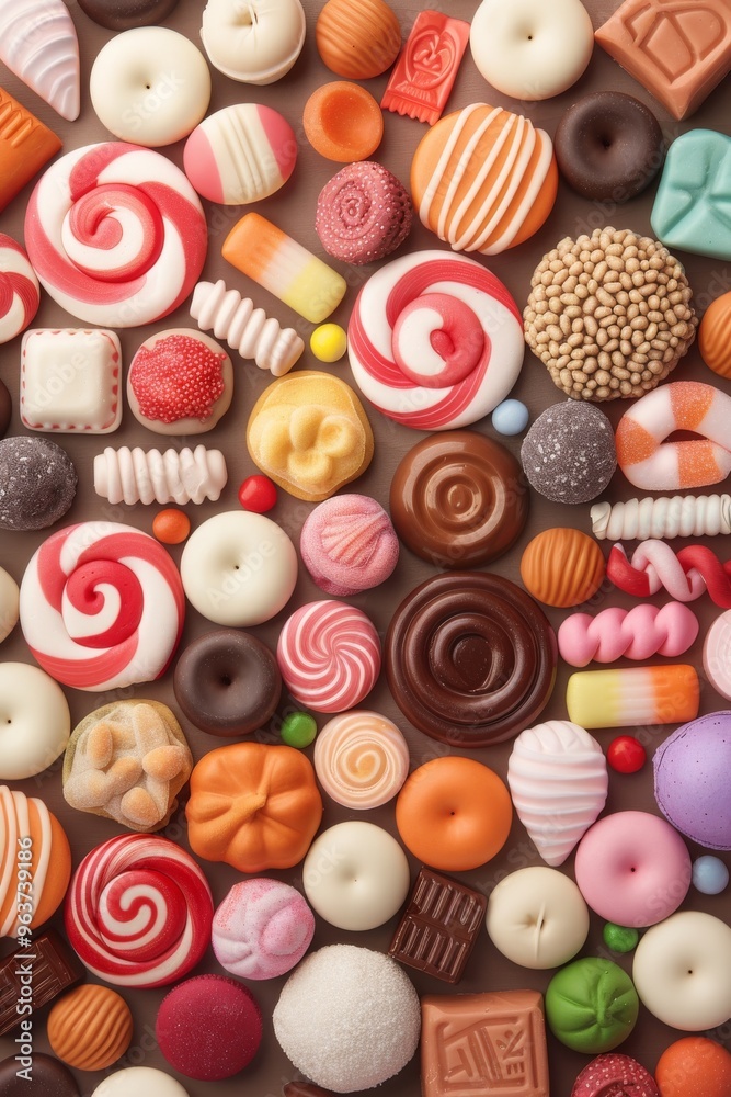 Fototapeta premium Colorful Candy Assortment, Top view of various sweets including gummies, chocolates, and lollipops, Bright and playful confectionery layout, Sweet Tooth Delight