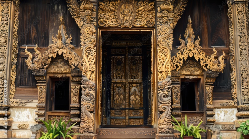 Exquisite Balinese Doorway Adorned with Intricate Carvings and Regal Design Exquisite Balinese Doorway Adorned with Intricate Carvings and Regal Design