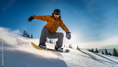 Snowboarders carving through fresh powder. photo