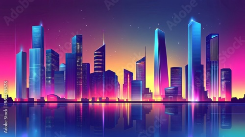 A breathtaking skyline of a futuristic city at dusk, featuring neon-lit high-rise buildings silhouetted against a vibrant gradient sky. 