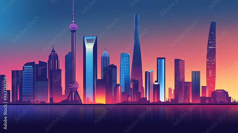 Obraz premium A breathtaking skyline of a futuristic city at dusk, featuring neon-lit high-rise buildings silhouetted against a vibrant gradient sky. 