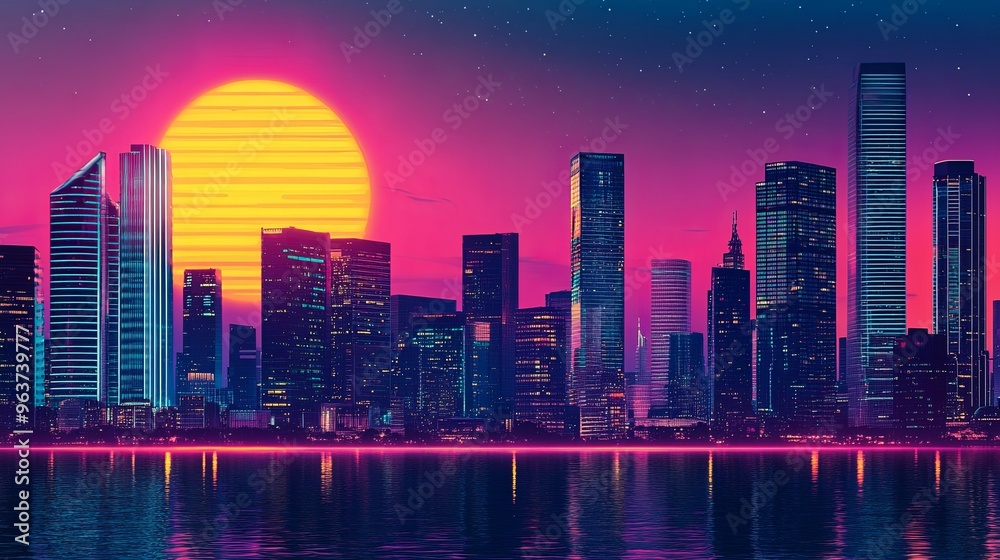 Obraz premium A breathtaking skyline of a futuristic city at dusk, featuring neon-lit high-rise buildings silhouetted against a vibrant gradient sky. 