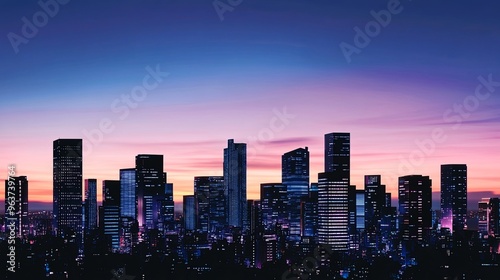 A breathtaking skyline of a futuristic city at dusk, featuring neon-lit high-rise buildings silhouetted against a vibrant gradient sky. 