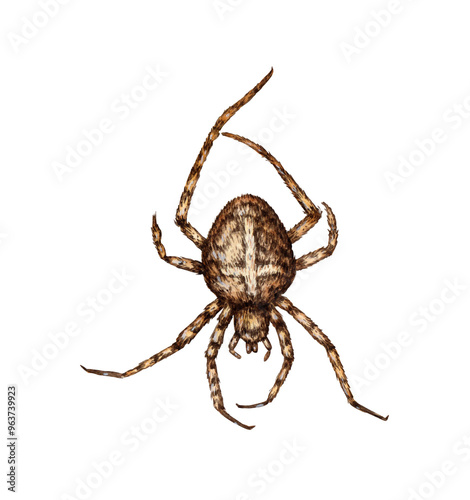 Brown spider with a cross on its back watercolor illustration. Arachnida order arthropods. Scary insect for Halloween. Animal isolated from background. For the design of books, magazines, banners, 