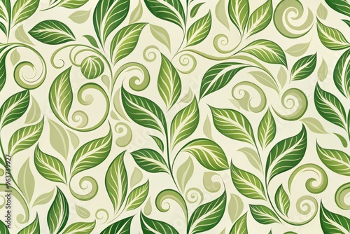 Repeating patterns of stylized leaves in shades of green, overlapping and curling around each other, forming an intricate, swirling design that disappears into the distance