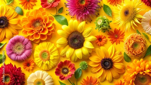 A vibrant and colorful pattern of spring flowers, including sunflowers, zinnias, and marigolds, arranged in a lively and dynamic design, set against a bright and sunny yellow background.