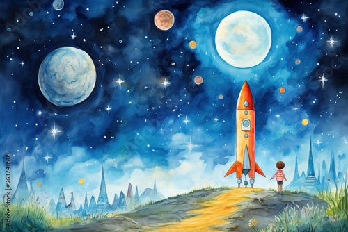 Kid's watercolor drawing. Rocket against the background of the starry sky.