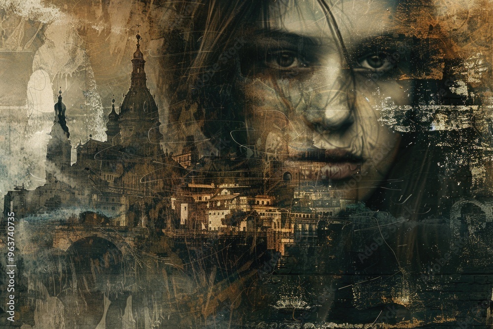 Obraz premium A woman's face with a cityscape in the background