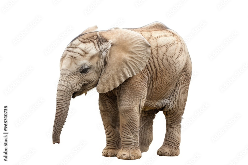 Fototapeta premium A young elephant stands next to its mother or caregiver in a natural habitat