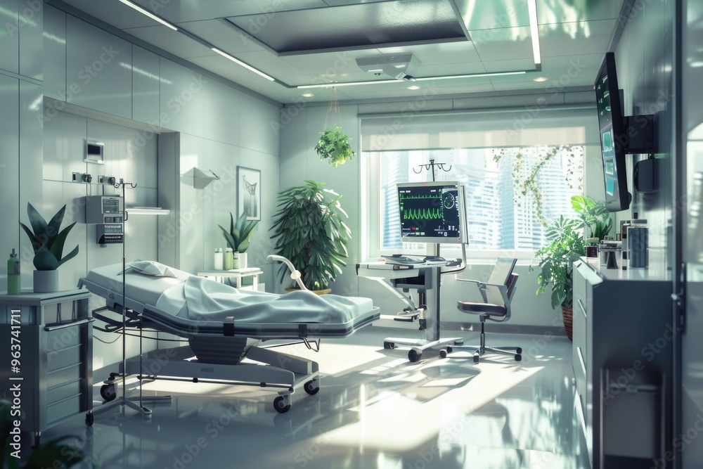 A hospital room with a bed and a monitor A hospital room with a bed and a monitor