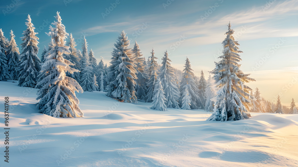 Obraz premium A tranquil winter scene with snow-covered evergreen trees under a light dusting of snow.