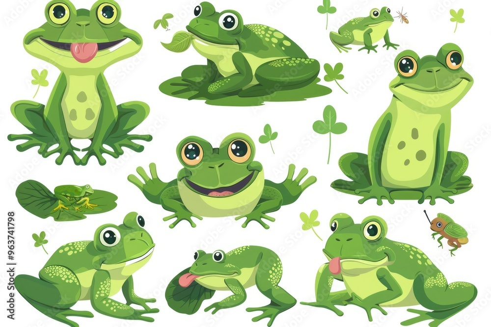Fototapeta premium A collection of cartoon frogs with various facial expressions, great for illustrations and designs