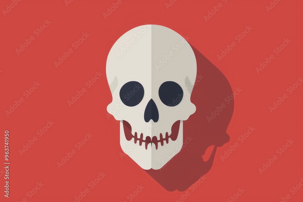 A skull with a long shadow on a red background, suitable for horror or spooky-themed designs A skull with a long shadow on a red background, suitable for horror or spooky-themed designs