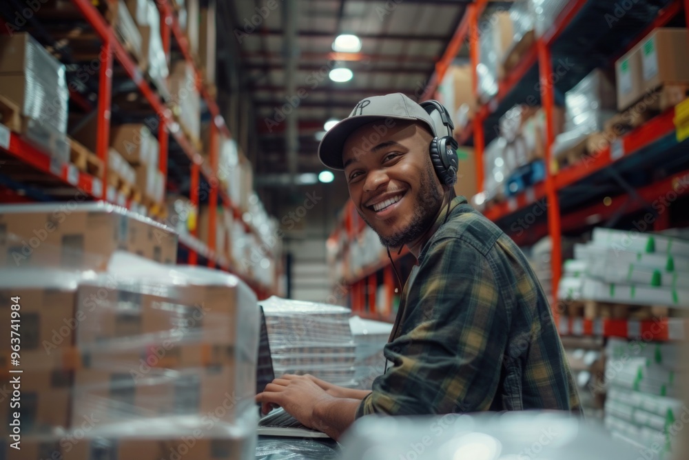 A person sits at a laptop in a warehouse setting, possibly working or studying