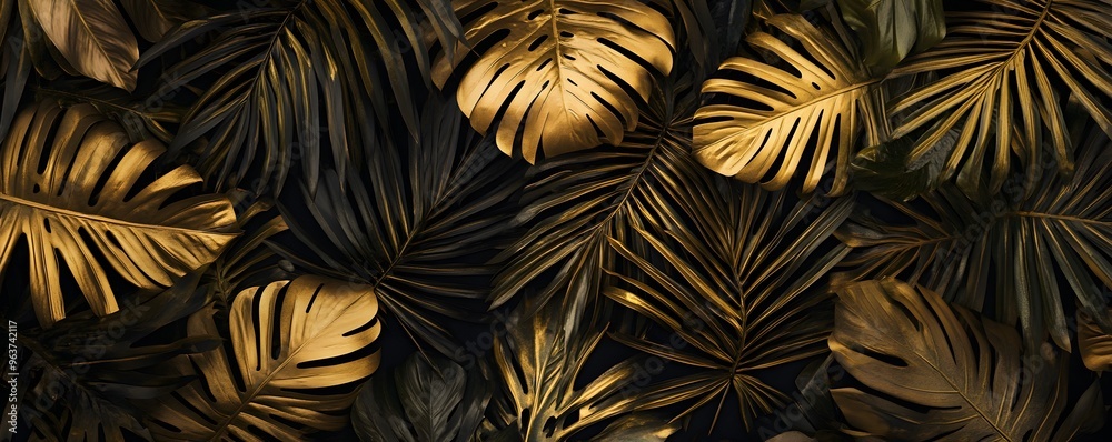 Golden and Black Tropical Leaves Pattern Golden and Black Tropical Leaves Pattern
