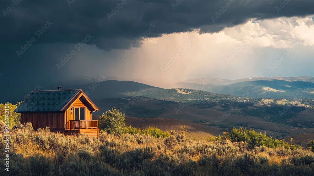 A serene cabin illuminated by sunlight amidst a stormy monsoon landscape, with rain-soaked earth and dark clouds in the distance. A serene cabin illuminated by sunlight amidst a stormy monsoon landscape, with rain-soaked earth and dark clouds in the distance.