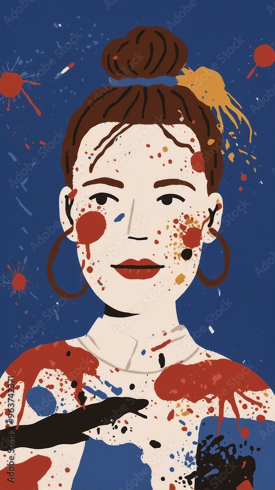 an artist with a messy bun with paint splatters background an artist with a messy bun with paint splatters background