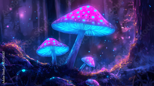 Glowing spotted fluorescent mushrooms, mystic luminescent forest, psychedelic colors. Psychedelic. Illustration