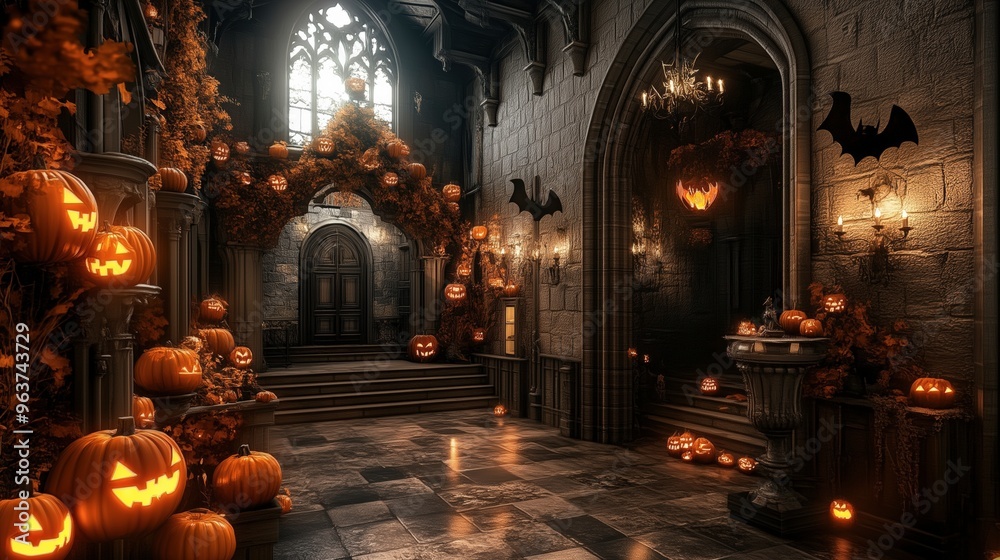 Grand Opulent Halloween Castle with Pumpkin Decorations in Fall season Grand Opulent Halloween Castle with Pumpkin Decorations in Fall season