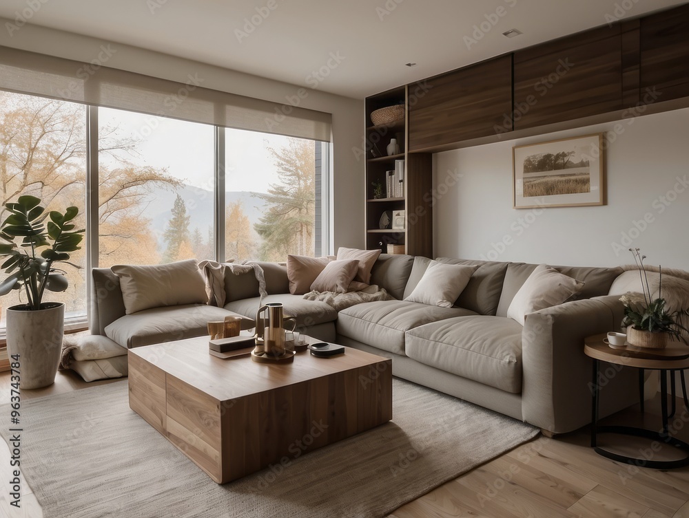 Modern Living Room with Sectional Sofa and Window Views Modern Living Room with Sectional Sofa and Window Views