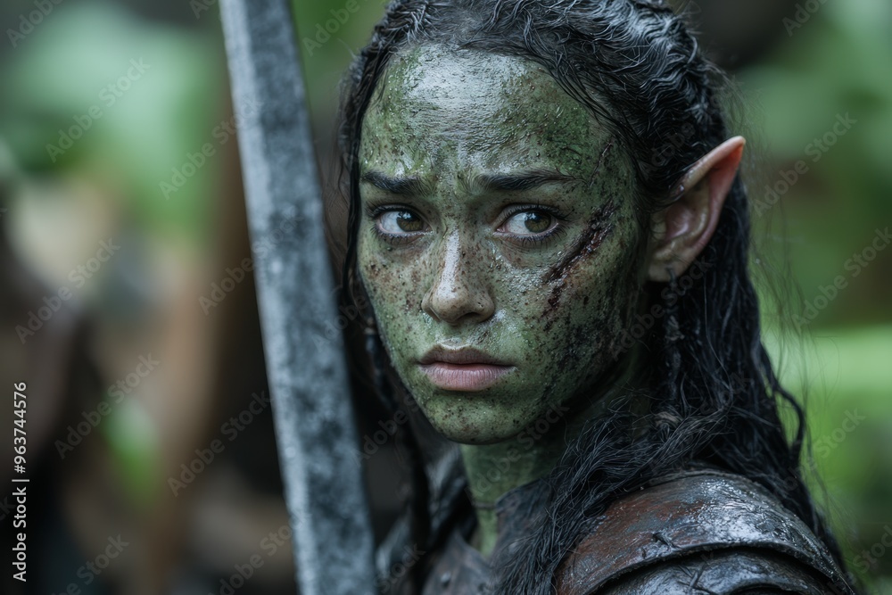 Fierce warrior with green face paint and intense expression Fierce warrior with green face paint and intense expression