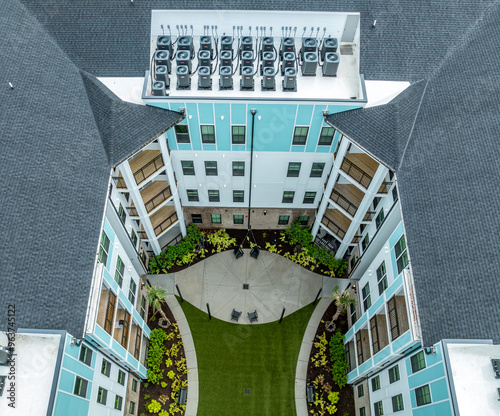 Obraz na płótnie Aerial top down view of Rooftop Packaged Air Conditioner Furnace Units on American Condo complex at a new real estate development in South Carolina w salonie