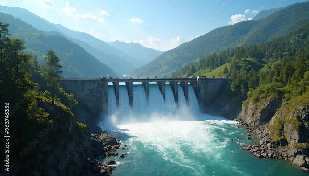 Hydroelectric dam in a pristine mountain landscape with clear blue water Hydroelectric dam in a pristine mountain landscape with clear blue water