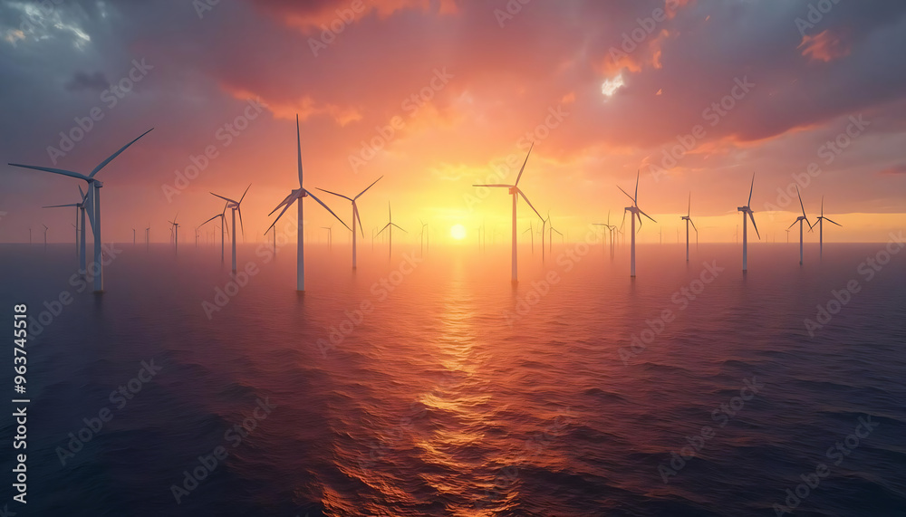 Wind farm at sea during sunset with vibrant skies and wind turbine silhouettes Wind farm at sea during sunset with vibrant skies and wind turbine silhouettes