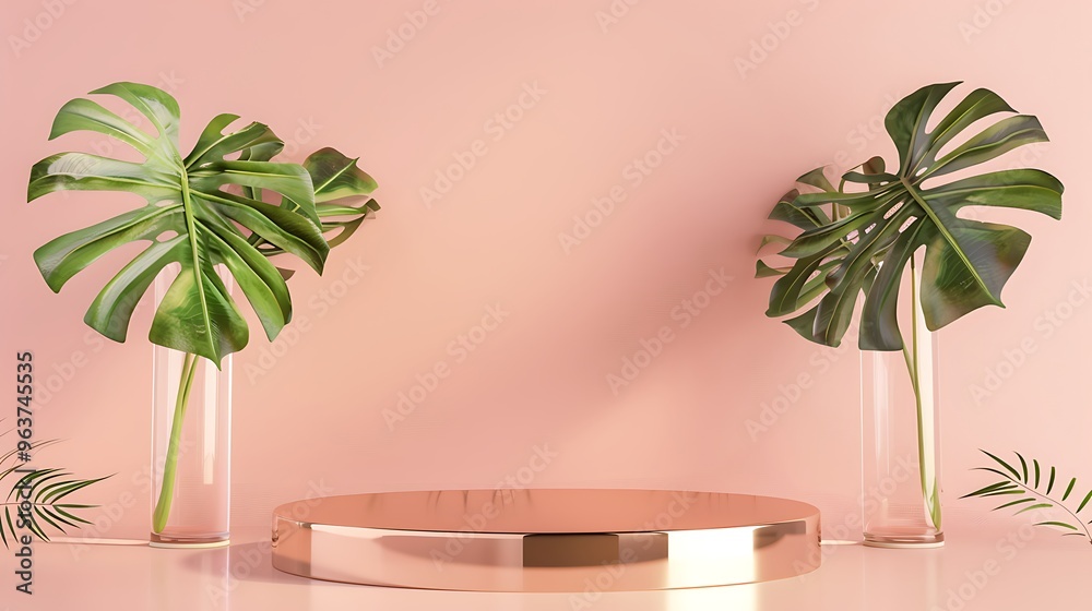 Obraz premium A stylish metallic gold podium against a muted blush pink background with large monstera leaves in clear glass vases creating a chic and elegant product display scene
