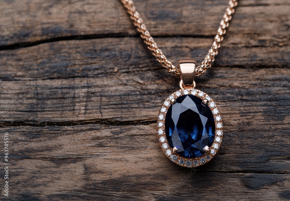 Elegant blue gemstone pendant necklace on wooden background Elegant blue gemstone pendant necklace on wooden background