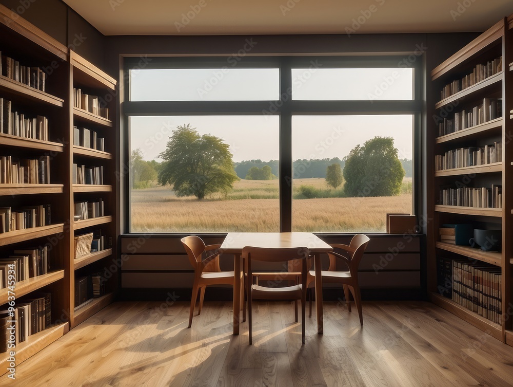 A Library Room With Large Windows Overlooking A Field A Library Room With Large Windows Overlooking A Field
