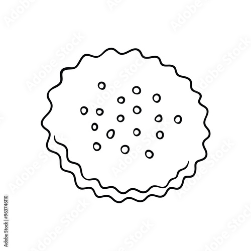 A simple black-and-white line drawing of a round cracker with wavy edges and dotted details.