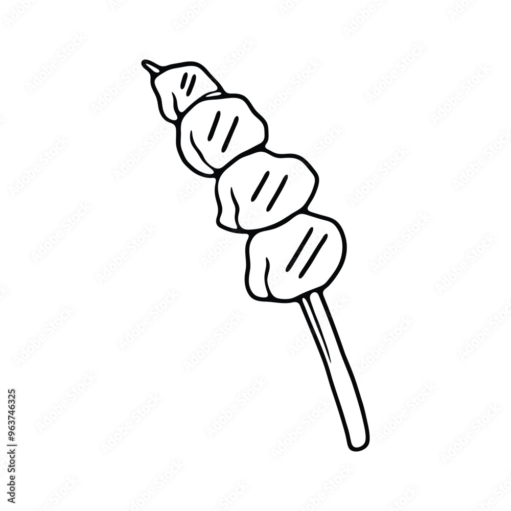 A black and white line drawing of a skewer with pieces of food, possibly grilled meat or vegetables, arranged in a simple design. A black and white line drawing of a skewer with pieces of food, possibly grilled meat or vegetables, arranged in a simple design.